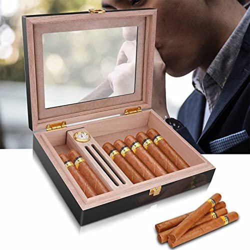 Luxus-Hochglanz-Zigarren-Humidor, Zigarrenkiste für 10–18 Zigarren, echtes massives spanisches Zedernholz, Desktop-Humidor mit Hygrometer und Luftbefeuchter