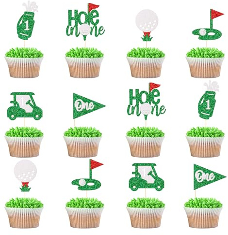 Little Man Golf 1st Birthday Cupcake Toppers, 24 Multicolored Cupcake Toppers, Golf Themed 1st Birthday Party Decor