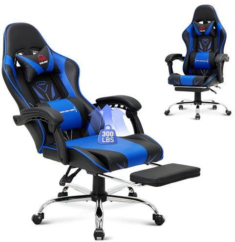 COLAMY Gaming Chair, Computer Chair with Footrest and Lumbar Support, Height Adjustable Gaming Chair with 360°-Swivel Seat and Headrest, Blue