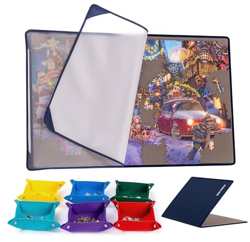 Tektalk faltbares Puzzle Board mit 6 Bunten Sortierschalen, tragbare Puzzlematte mit transparenter wasserdichter & staubdichter Abdeckung für Puzzleaufbewahrung, für bis zu 1000 Puzzleteile – Grau
