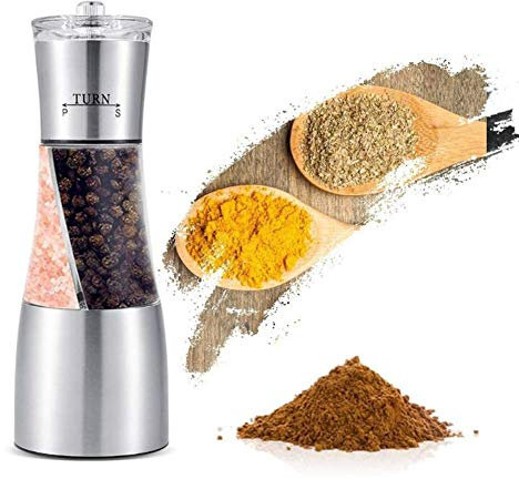 Salt & Pepper Grinder - 2 in 1 Stainless Steel Manual Dual Salt & Pepper Shakers - with Adjustable Coarseness Kitchen Cooking Spices Mill,Silver.Silver