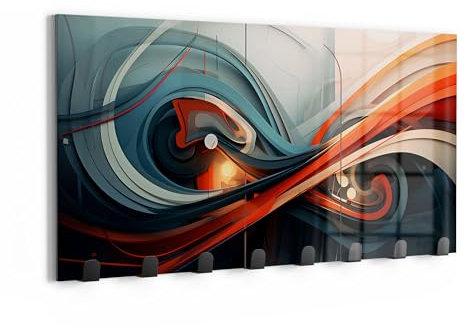 DEQOART Wandgarderobe Glas & Metall | Motiv Windspiel der Farben | 60x30 cm | Design Haken-Leiste modern | Garderoben-Paneel für Flur, Wohnzimmer & Schlafzimmer | magnetisch & beschreibbar