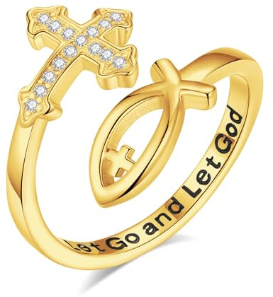 EUDORA Harmony Ball Sterling Silber S925 Heiliger Benedikt/Ankh Kreuz/Kreuz Ring Jesus Fisch Symbol Ringe für Damen Herren, Verstellbarer Offener Ringe Religion Geschenk für Herren Frauen