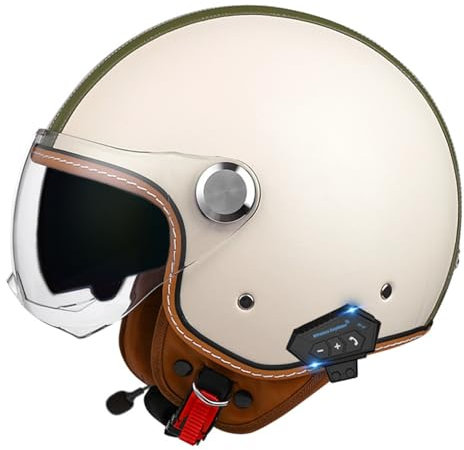 Bluetooth Halbhelme Motorradhelm Retro Jet Half Helm Mit Doppellinsen DOTECE-Zertifizierung Halbschale Roller Scooter-Helm für Herren und Damen Antikollisions-Helm 16,M=57~58CM