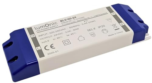 Lumonic I Transformador LED BLV-60-24 I 24V 60W I Input 220-230VAC I sin parpadeos I Protección contra sobrecargas I Fuente de alimentación LED I para iluminación LED