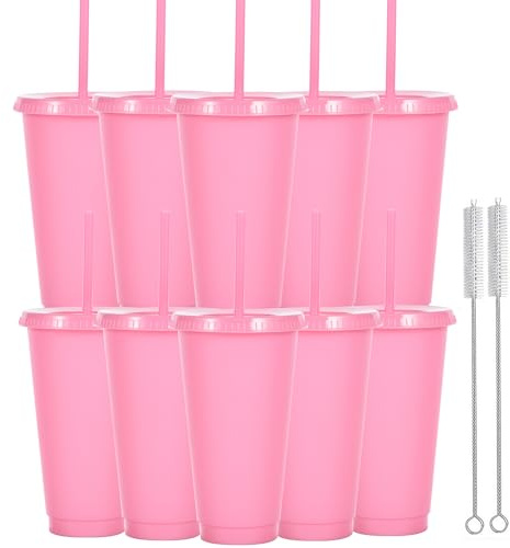 Yisituo Lot de 10 gobelets avec couvercle et paille, 710 ml, réutilisables, en plastique, pour smoothies, café, fête et voyage, 10, rose