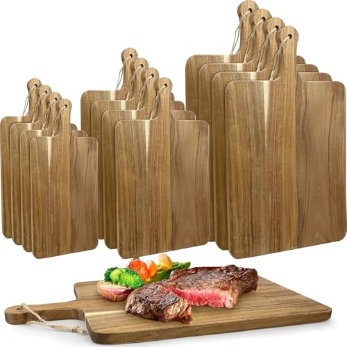 Lot de 12 planches à découper en bois d'acacia avec poignée, planches à découper en vrac, planches à charcuterie de viande, planche de service pour pain, pizza, fromage, fruits, légumes (3 tailles)