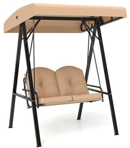 GOPLUS Columpio de Jardín para 2 Personas con Parasol Ajustable y Cojines de Asiento y Respaldo, Columpio de Exterior con Robusta Estructura Metálica, Carga Máxima 300 KG, para Jardín, Terraza