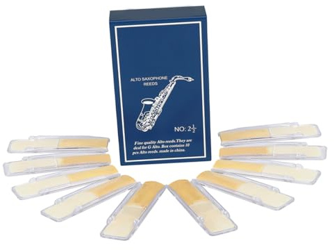 Abaodam 10 Stück Altsaxophonblätter 2,5 Stärke aus Rohrmaterial mit Unabhängigem Blattschutz für Professionelles Saxophonzubehör und Lange Nutzung