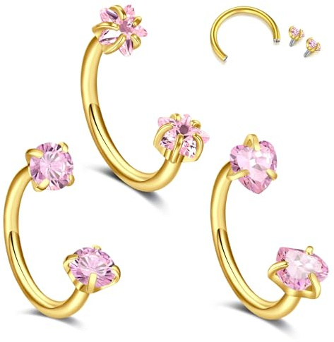 Crdifu 18G 8mm Septum Piercing Set Hufeisen Piercing Nase Gold, 1mm Nasenpiercing Ring Nasenring Innengewinde, 3 Stk Helix Piercing Hufeisen Rook Tragus Ohrring Conch Snug Edelstahl Rosa CZ