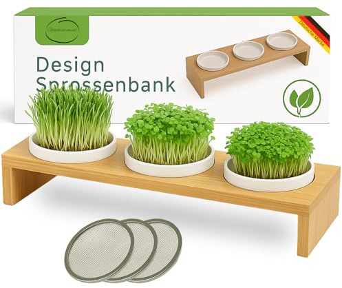 Glücksmoment Kressebank 42cm mit 3 Keramik Kresse Anzuchtschalen für Kressesamen, Sprossen & Microgreens, Sprossen Anzuchtset, Anzuchtregal, 3 Anzuchttöpfe, 3 x Keimschale mit Kressesieb, Keimschalen