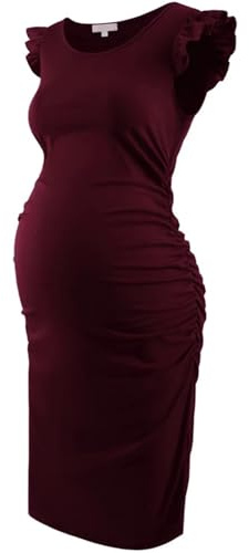 WJLYDM mammaklänningar, sommar, stretchiga, flygande ärmar, rynkad sida, babyparty, bodycon, gravidklänning, kläder för gravida kvinnor, (vinröd, M)