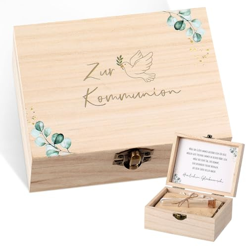 Namalu 4er Set Kommunion Geldgeschenk Holzbox Verpackung Party Gäste Deko | Eukalyptusblattmuster, Taubenmuster, Reagenzglas, Holzsplitter, Grußkarte, Raffia Gras