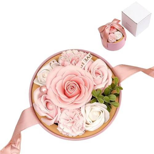 AUFIKR Soap Flower Bouquet Gift Box, Round Rose Box with Preserved Flowers, Artificial Birthday Flowers Bouquet, Long Lasting Soap Flower Arrangement for Valentine's Day, Mother's Day (with Card)