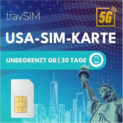 USA SIM Karte | Unbegrenztes Datenvolumen mit 4G/5G-Geschwindigkeit für die USA – uneingeschränkter Zugriff auf Google, Facebook, Whatsapp und mehr | 30-Tage-Tarif für die USA von travSIM
