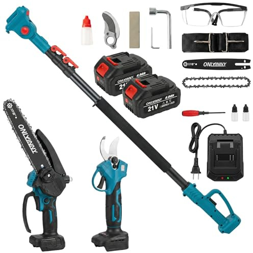 OnlyInNY Kit 4-en-1 Tronçonneuse 8 & Sécateur Électrique, moteur brushless, 2 batteries 4Ah, perche télescopique portée 4,57m, outil élagage jardin arbres fruitiers