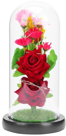 ORFOFE Lampe LED de Nuit avec Fleur de Simulation sous Cloche en Verre Transparent Décoration Lumineuse Romantique pour Saint-Valentin Ornement Floral Décoratif pour Intérieur Présent