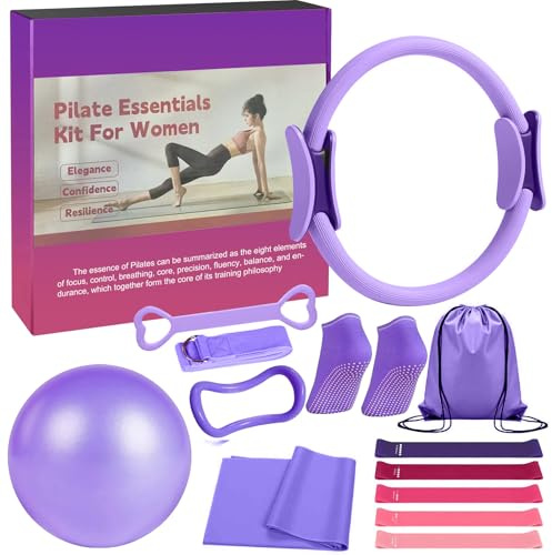 lxmydm Pilates Set, Pilates Ring Set 13 Teiliges mit Zubehör Yoga Ball, Yoga Gurt, Fitnessbänder, Pilates Socken, Trainingsposter & Tragbarer Tasche, Home Pilates Essential Kit für Frauen
