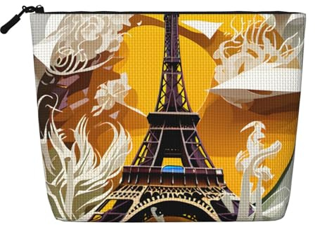 Paris Eiffel Tower Daily Pouch Cosmetic Bag Fake Hemp Large Organizer for Travel Toiletry Water Resistant