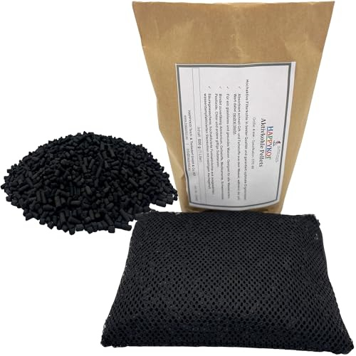 HAPPYKOI® Aktivkohle Pellets Ø4 mm - Inhalt: 500 g (1 Liter) | Hochaktive Formaktivkohle + Filtermedienbeutel Koi Teich Aquarium Filter, klares Wasser, Dunstabzugshaube, Raumluftreinigung