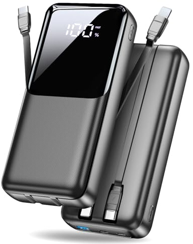 Power Bank 40000mAh, 22,5W USB C Powerbank Schnellladen 2 integrierte Kabel | 3 Anschlüssen & 2 integrierten Tragbares Ladegerät, Externer Akku Kompatibel mit iPhone 17 16 15 Android, Camping-Essentials