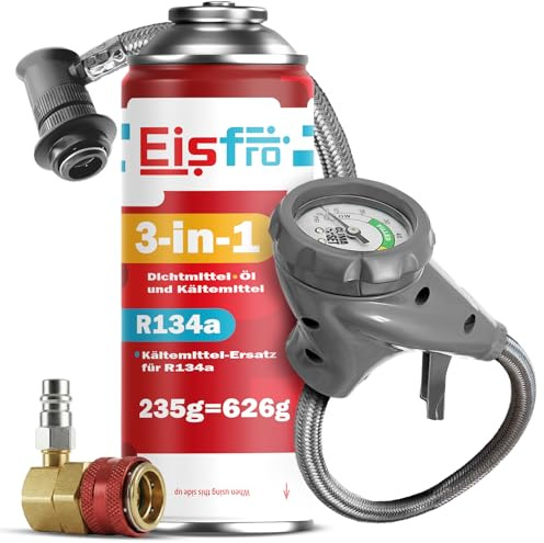 Eisfro - 3in1 R134a Fluido refrigerante gas di ricarica – per climatizzatori auto – Bombola di gas 1x235 g – Camper – Tubo e adattatore HP/LP – Manometro climatizzatore – ECO