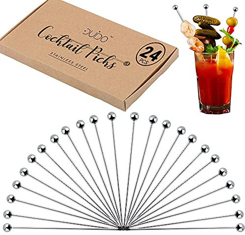 Cocktail Picks Stainless Steel Toothpicks - (24 Pack / 8 Inch) Martini Picks Reusable Fancy Metal Drink Skewers Garnish Sticks for Martini Olives Appetizers Bloody Mary Brandied