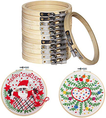 12 Stück Stickrahmen Kreuzstich Stickrahmen Set - 10cm Holz Bambus Hoop Ring Stickerei Hoop Einstellbar Nähen Bambus Kreis Set Holz Runde zum Basteln, Sticken, Nähen und DIY