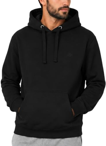 Iron Mountain herr mjuk fleece pullover huvtröja med huva, återvunnet garn miljövänlig topp, svart, liten