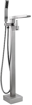 BAGNOLUX Solid Brass Floor Mount Bathtub Faucet Free Standing Tub Faucet Freestanding Tub Filler Brushed Nickel High Flow Rate Swivel Spout with Hand Shower, ‎YGSLT-Waterfall Brushed Nickel