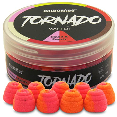 Haldorado Tornado Wafters Pellets Boilies Bait, Carp Feeder Fishing, Special Shape, 100% Biodegradable,12 mm wide and 11 mm long, Pink-Orange, Squid & Peach 30 Grams