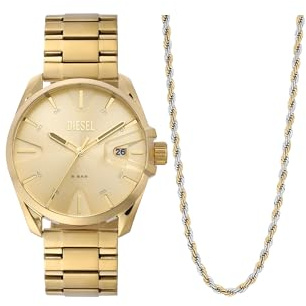 Diesel Herrenuhr Ms9, Dreizeigeruhrwerk, 44MM Goldenes Edelstahlgehäuse mit Edelstahlarmband, DZ2163SET