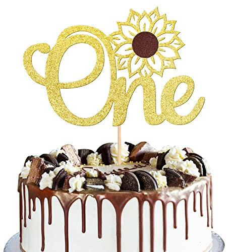 Xsstarmi 1 Pack Sunflower One Cake Topper Glitter Sunflower First Birthday Anniversary Cake Pick for Baby Shower Kids Boys Girls 1st Birthday Party Cake Decorations Supplies