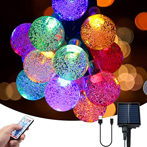 SHENKEY Solar Lichterkette Aussen, 60 LED Kugel-Lichterkette mit Fernbedienung, Solar-/USB-betrieben, wasserdicht für Garten, Innen- und Außendekorationen(Mehrfarbig)