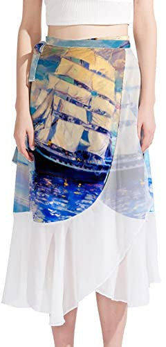 Women Swimsuit Cover Up Short Chiffon Abstract Art Blue Oil Painting Sailboat Summer Beach Sarong Bikini Wrap Skirt Bathing Suit