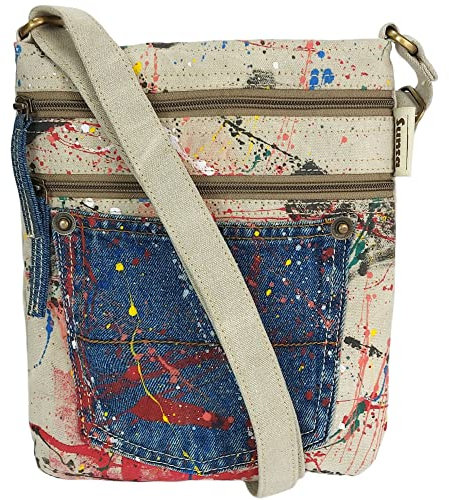 Sunsa Damen vegane Umhängetasche. Nachhaltig Crossover Tasche aus Leinwand & recycelte Jeans. Jede Schultertasche ist Unikat. (offwhite bunt)