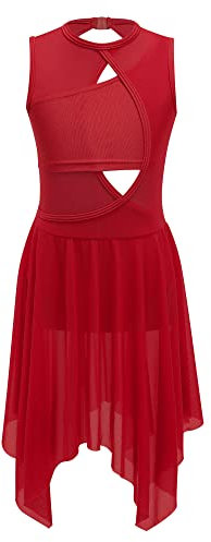 FEESHOW Kinder Mädchen Ballettanzug Ärmellos Ballett Tanz Trikot mit asymmetrische Rock Lyrische Tanzkleidung Gymnastik Modern Tanzkostüm A_Rot 158-164/13-14 Jahre