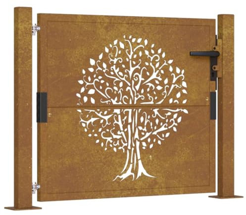 vidaXL Gartentor, Gartentür mit Baum-Design, Abschließbar Hoftor Eingangstor für Garten Terrasse, Tor Zauntor Gartenpforte, 105x80 cm Cortenstahl
