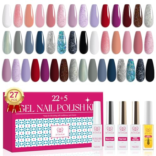 Arousar Gel Nagellack Set - 27pcs 7.3ml Gel Nagellack Neu Farben für UV Lampe, Schwarz Rot Grau Rosa Violett Funkeln für schöne langanhaltende Gelnägel - Gel Polish Set für professionelle Anfängerin
