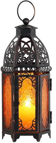 DECORKEY Lanterna per candele Ramadan, decorazione per la casa 2024, altezza: 32,5 cm, lanterna decorativa vintage media in stile marocchino, lanterna da tavolo in metallo, portacandele per patio