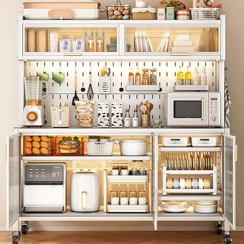 Support pour Micro-ondes À 5 Niveaux avec Accessoires en Panneau Perforé, Armoires de Cuisine pour Micro-ondes avec Rangement et Double Porte Rabattable pour Clapier de Cuisine, Maison, Garde-manger (
