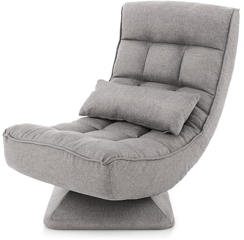 RELAX4LIFE Folding Sofa Chair, 360 Degree Swivel Lazy Floor Chair with 4-Position Adjustable Backrest and Lumbar Pillow, High Back Padded Reading Gaming Lounge Recliner for Living Room Bedroom (Grey)