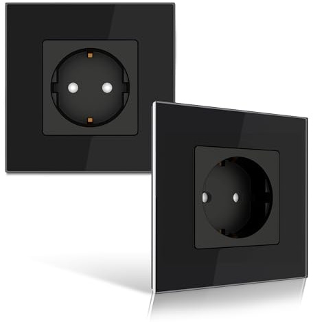 PULSAR Steckdose 1 Fach Glas Schwarz 2er Pack, Unterputz Steckdose EU-Standard 16A 250 V mit Glasrahmen Abdeckung und Kindersicherung - Einzelsteckdose 86mm Komplett Set Flache Steckdosen