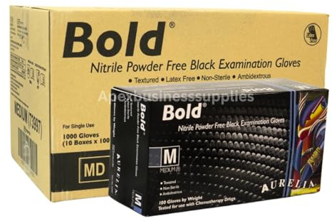 1000 Medium Bold Black Nitrile Disposable Gloves | Nitrile Gloves Bulk Powder Free and Latex Free Gloves | Heavy Duty Ideal for Cleaning, Tattoo, Industrial and Automotive More 10 Boxes