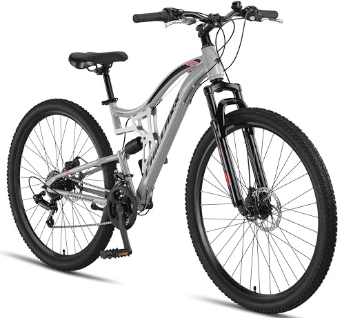 Chillaxx Bike Falcon Premium Mountainbike in 29 Zoll - Fahrrad für Jungen, Mädchen, Damen und Herren - Scheibenbremse- 21 Gang-Schaltung - Vollfederung (Grey-Disc-Bremse, 29 Zoll)