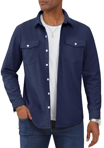 TACVASEN Camicia Uomo Velluto A Coste Maniche Lunghe con Tasche Blu Marino