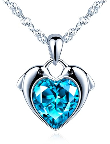 CPSLOVE Elégant Collier Pendentif Cœur en Argent 925 pour Femmes Filles Créatif Pendentifs de Dauphin - Cœur Mode Colliers de Zircon Bleu Océan avec Chaîne de 45cm