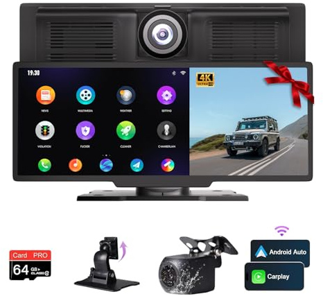NUOTIAN 10,26'' Wireless Carplay Display, Android Auto Display, Autoradio mit Bluetooth 5.3, 4K Dashcam+1080P Rückfahrkamera, GPS Navigation, Mirror Link, 64G TF, FM, AUX (mit Ersatzhalterung)