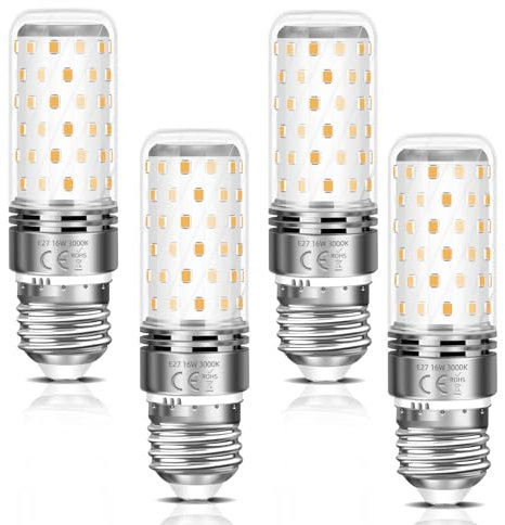 4 Pezzi Luci LED a Pannocchia Da 16W, Lampadine LED E27 Con Attacco a Vite, Bianco Caldo 3000K, Non Dimmerabile, AC 185-265V, Luci a Basso Consumo Energetico per Scantinati, Bagni, Cortili, Capannoni