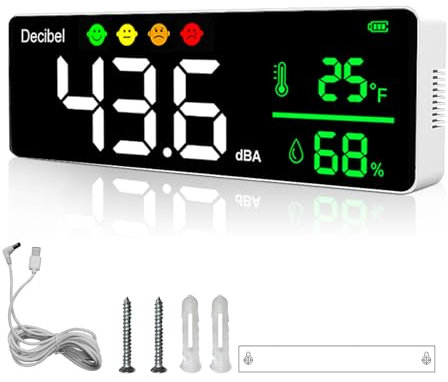 Decibel Meter 3 in 1 Wall Hanging Sound Level Meter Large LED Noise Meter Displays Decibel & Temperature & Humidity with Alarm Icons Indicator for Classroom,Home, Studio, Factory